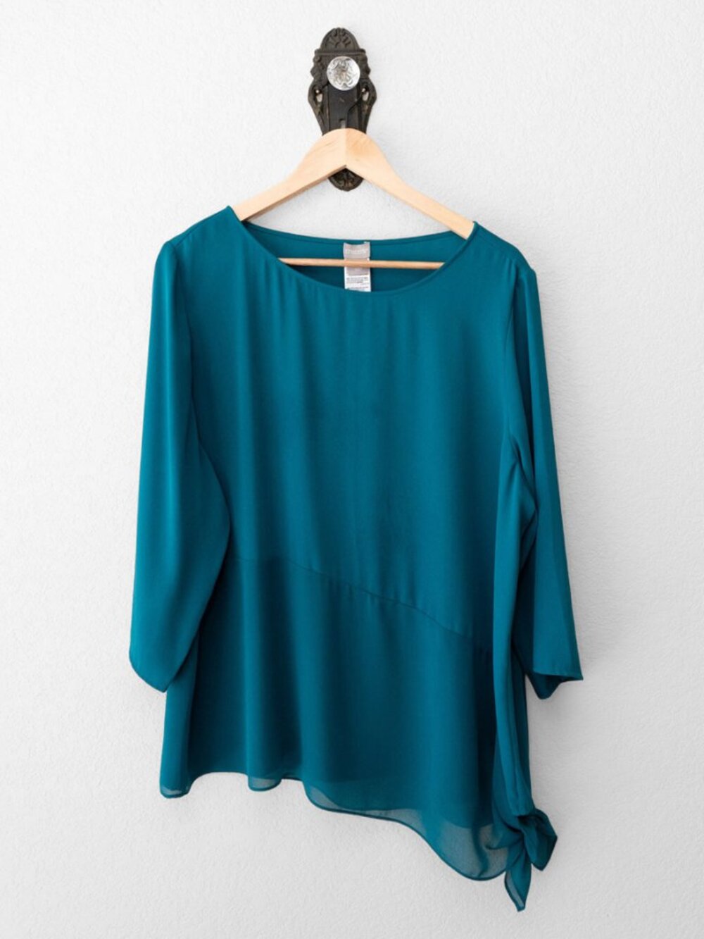 Chico's Blouse Womens 3 XL Teal Asymmetrical Hem Side Tie 3/4 Sleeve Chiffon